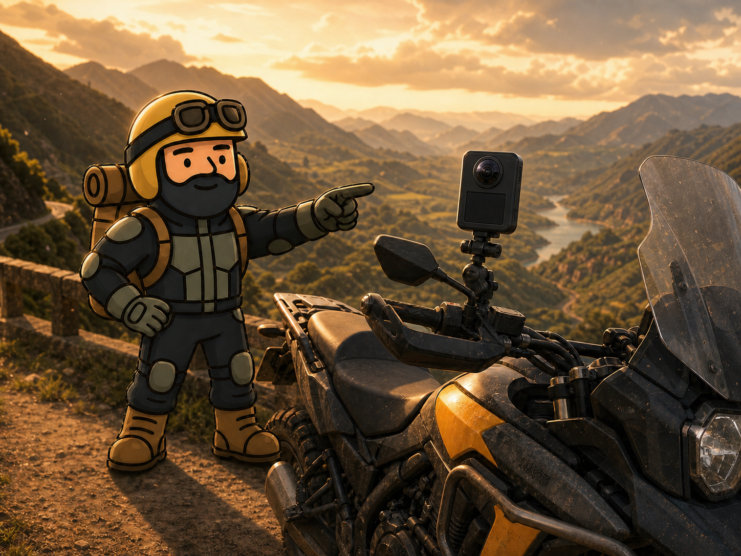 Varnercito señala una cámara 360 conceptual montada en una moto de aventura