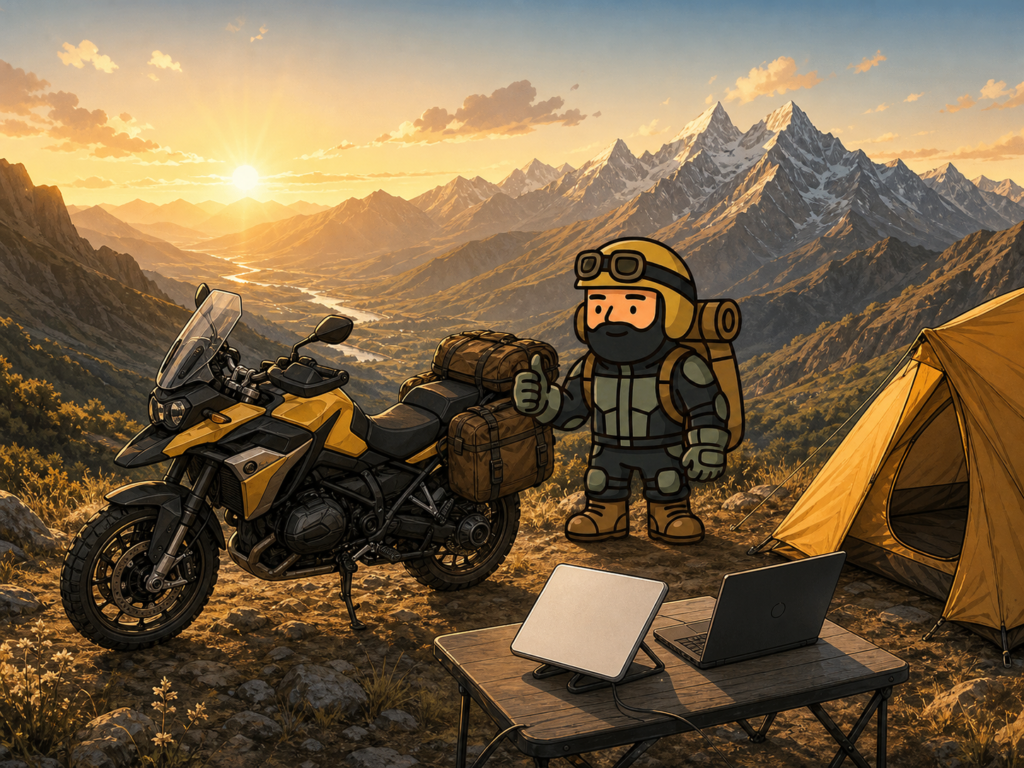 Varnercito junto a una moto de aventura y una Starlink Mini en un campamento andino