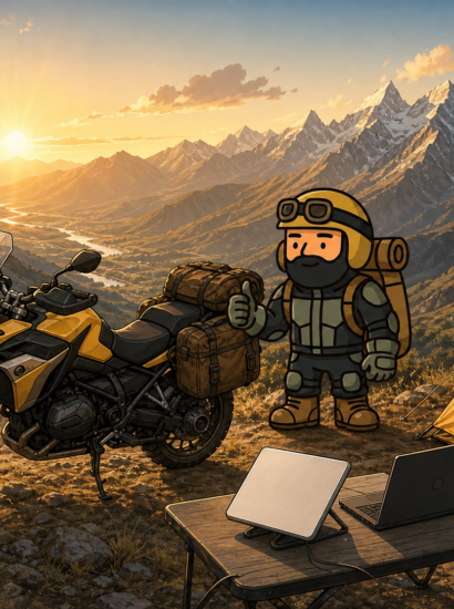 Varnercito junto a una moto de aventura y una Starlink Mini en un campamento andino