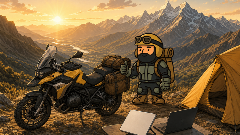 Varnercito junto a una moto de aventura y una Starlink Mini en un campamento andino