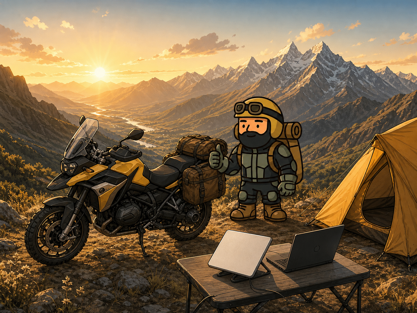 Varnercito junto a una moto de aventura y una Starlink Mini en un campamento andino