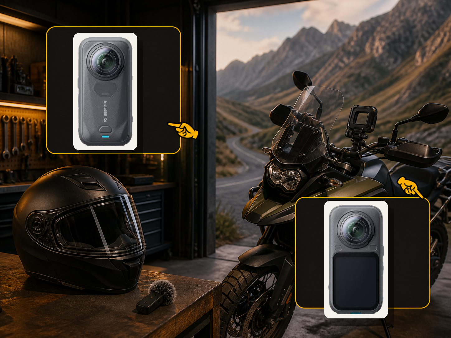 Fotografías reales frontal y trasera de la Insta360 X6 junto a casco, micrófono y moto