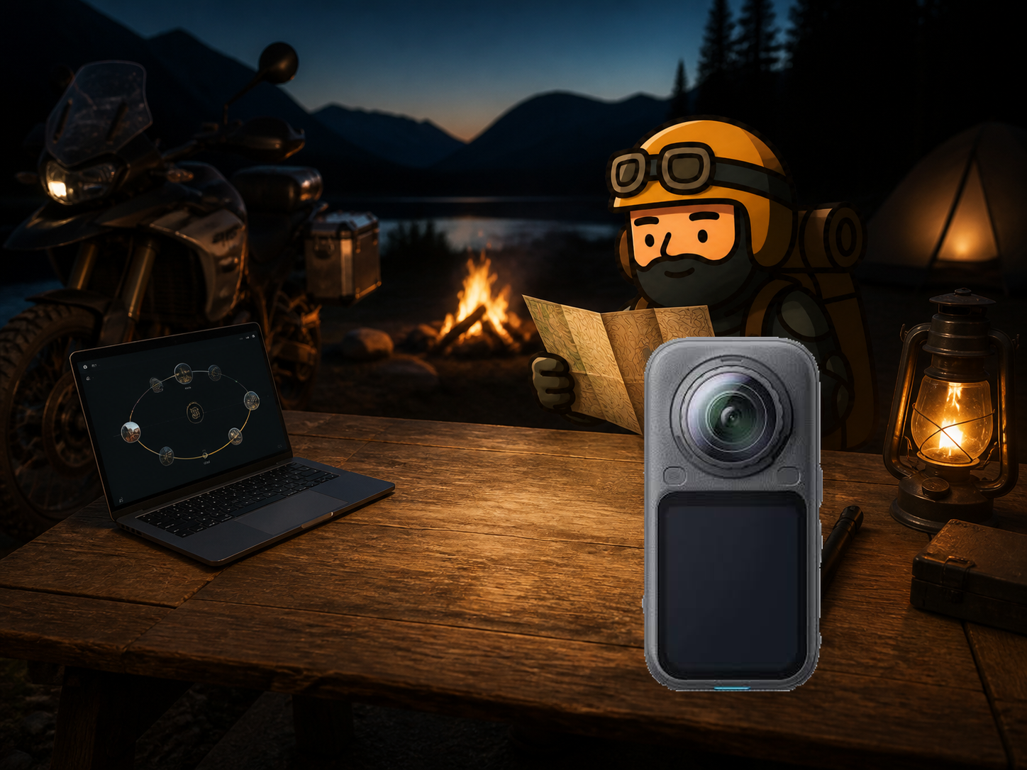 Parte trasera real de la Insta360 X6 sobre una mesa de viaje con portátil batería y tarjeta microSD