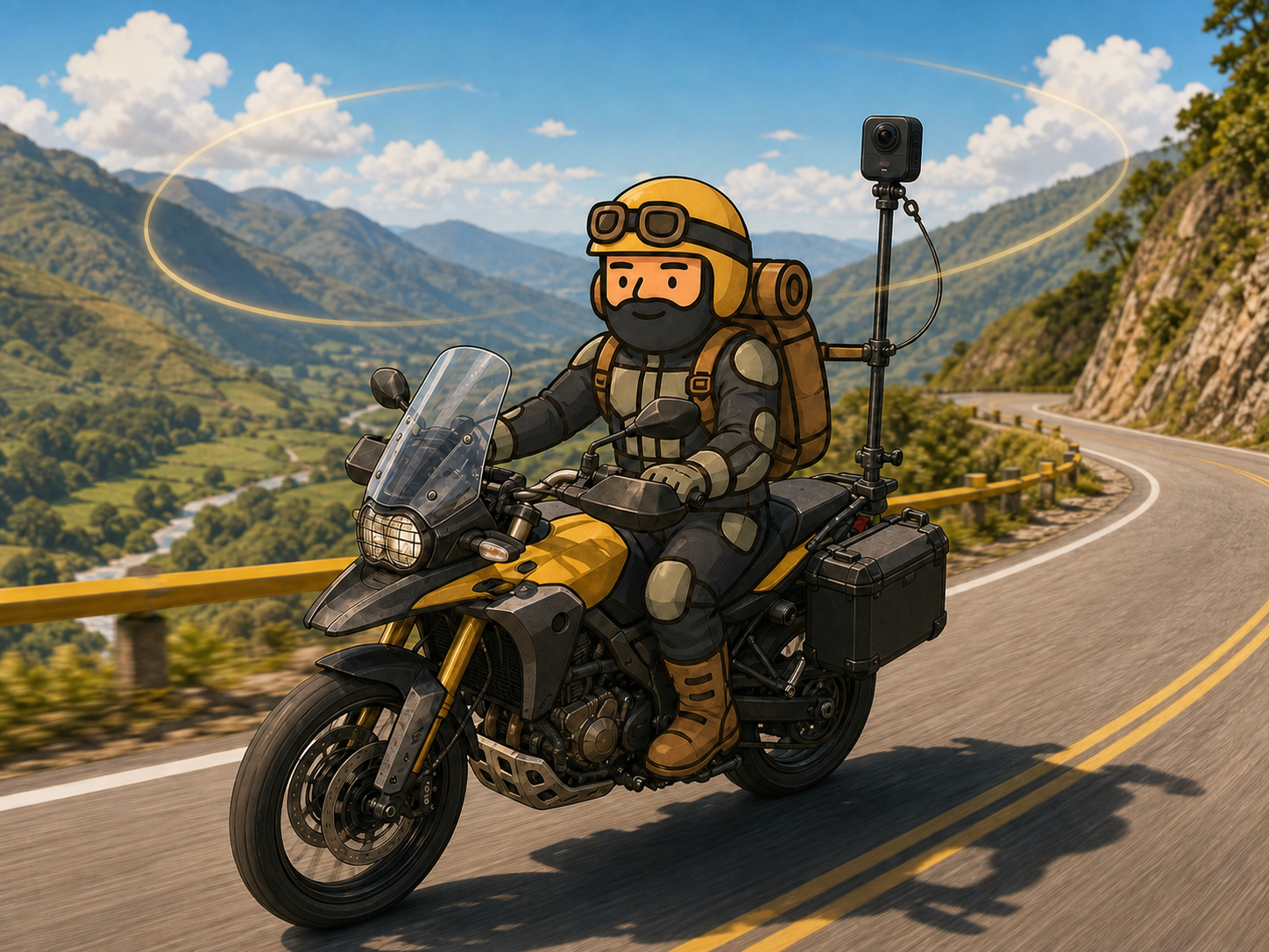 Varnercito conduce una moto con una cámara 360 sujeta mediante doble abrazadera y cable de seguridad
