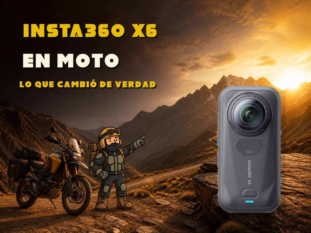 Insta360 X6 real junto a Varnercito y una moto de viaje en una carretera de montaña