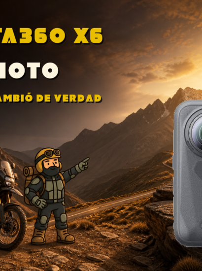 Insta360 X6 real junto a Varnercito y una moto de viaje en una carretera de montaña