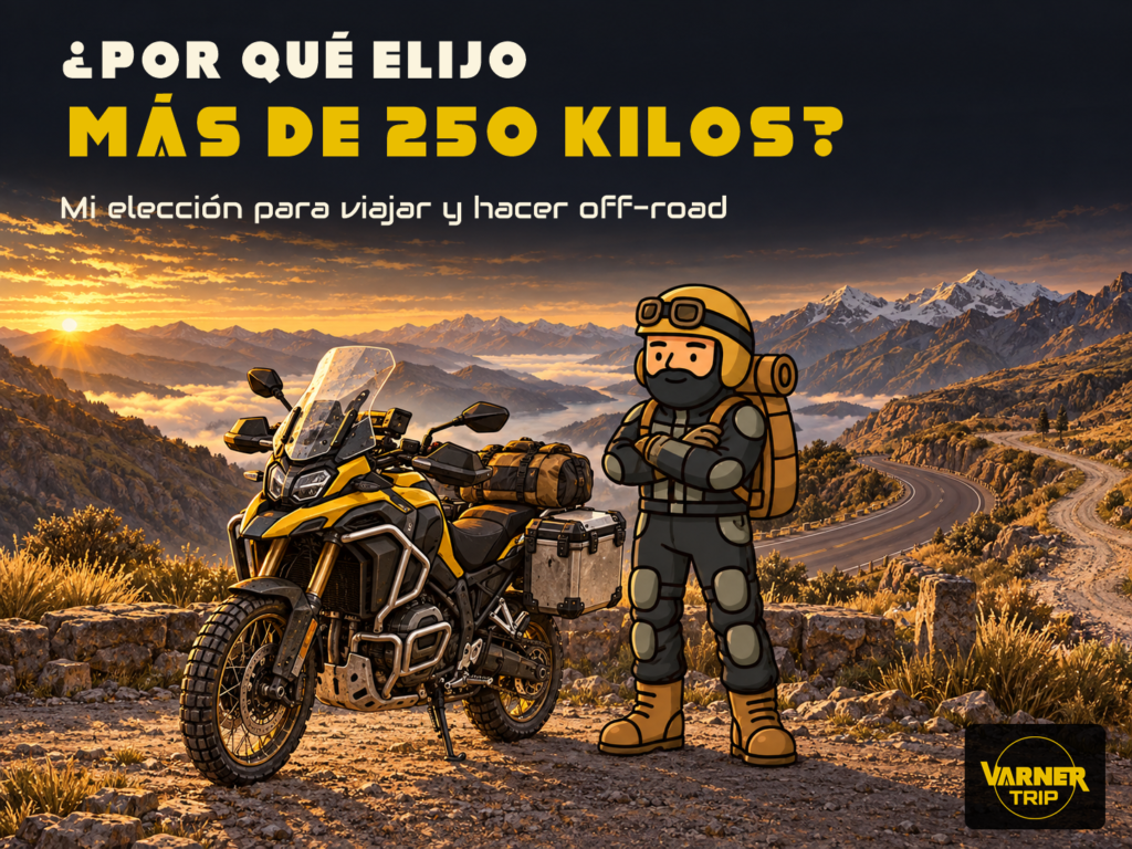 Varnercito junto a una moto de aventura con maletas, entre una carretera de montaña y un camino destapado al amanecer.