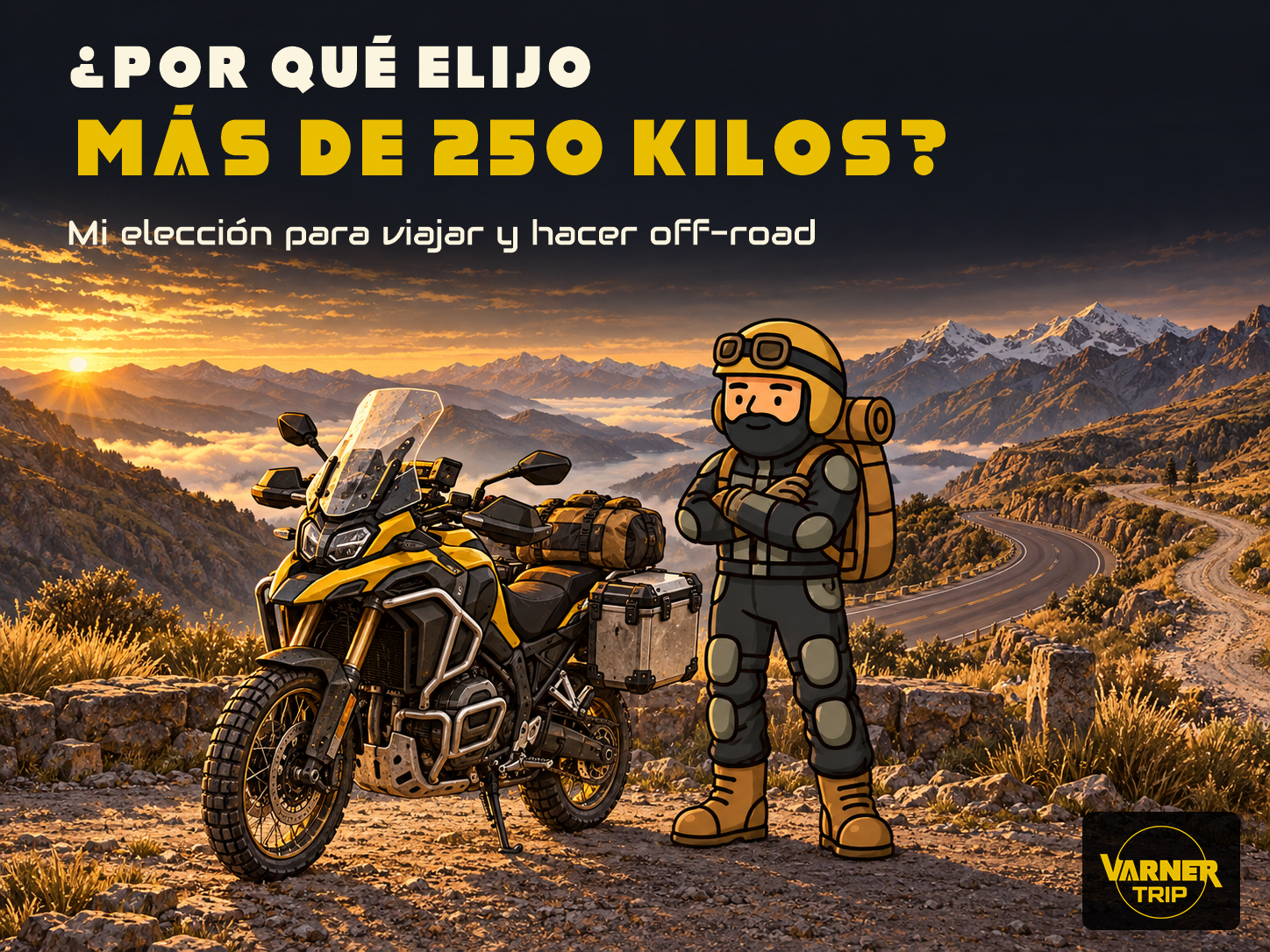 Varnercito junto a una moto de aventura con maletas, entre una carretera de montaña y un camino destapado al amanecer.