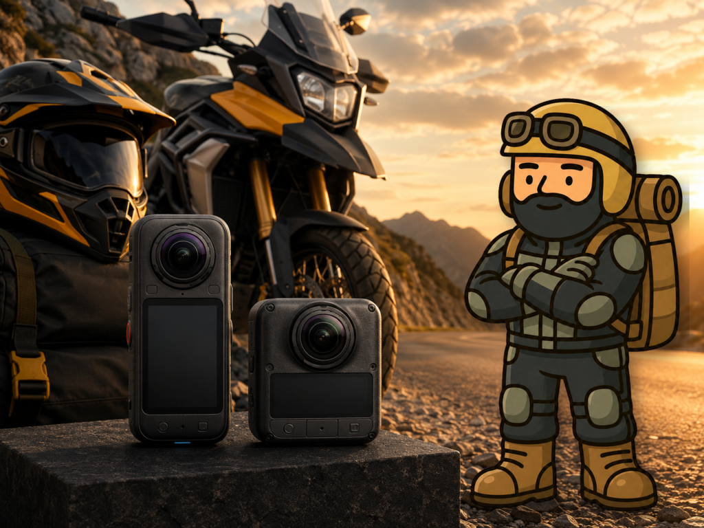 Insta360 X6 y DJI Osmo 360 II junto a una moto de aventura, un casco y Varnercito