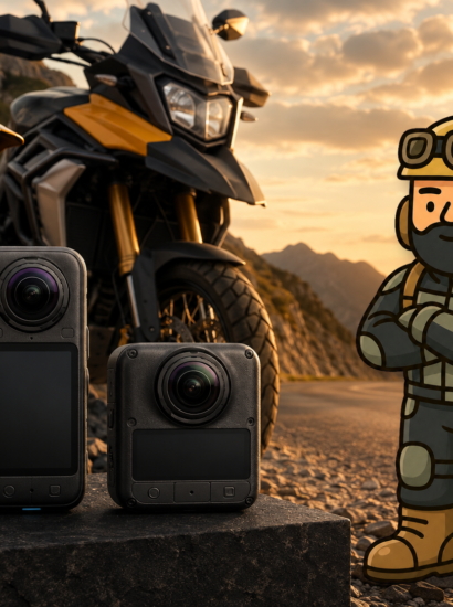 Insta360 X6 y DJI Osmo 360 II junto a una moto de aventura, un casco y Varnercito