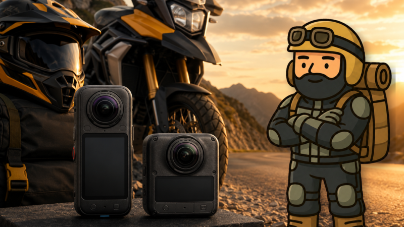 Insta360 X6 y DJI Osmo 360 II junto a una moto de aventura, un casco y Varnercito