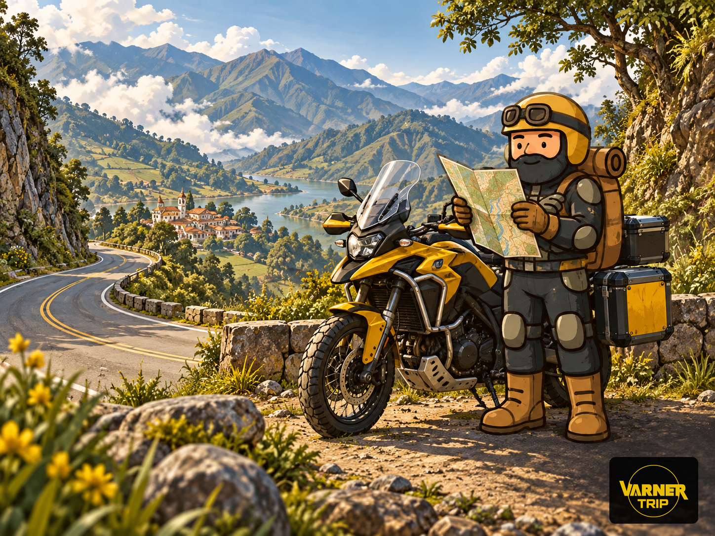 Varnercito consulta un mapa junto a su moto estacionada, con una carretera de curvas y un pueblo de montaña al fondo.