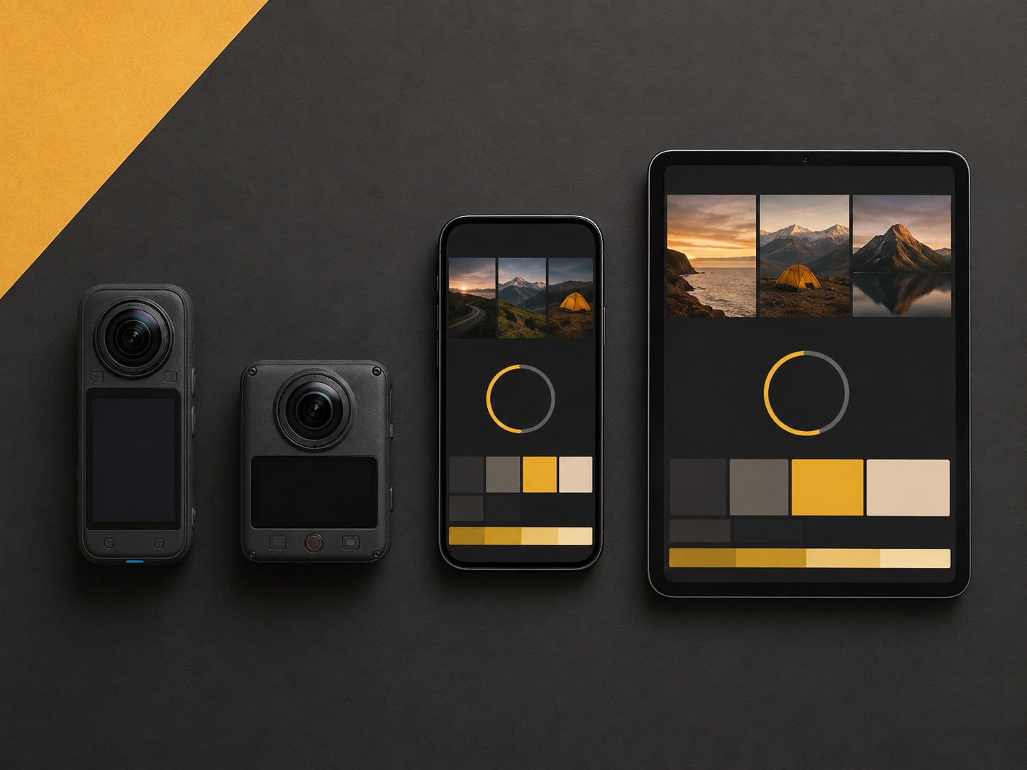 Cámaras 360 junto a un teléfono y una tableta con una interfaz visual de edición, sin manos ni texto
