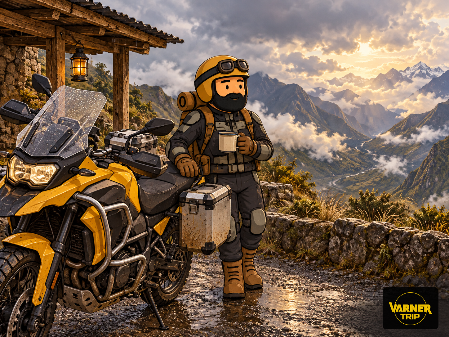 Varnercito descansa junto a su moto bajo un refugio; se ven la cúpula con gotas de lluvia y los guardamanos.