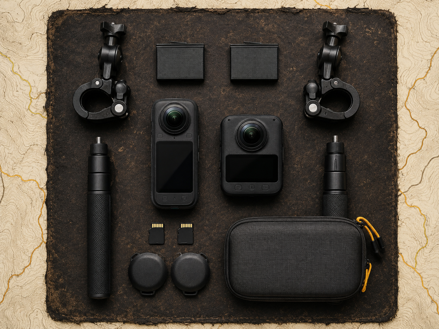 Equipo para un viaje largo en moto con cámaras 360, baterías, microSD, abrazaderas, pértigas y mapa, sin manos ni texto