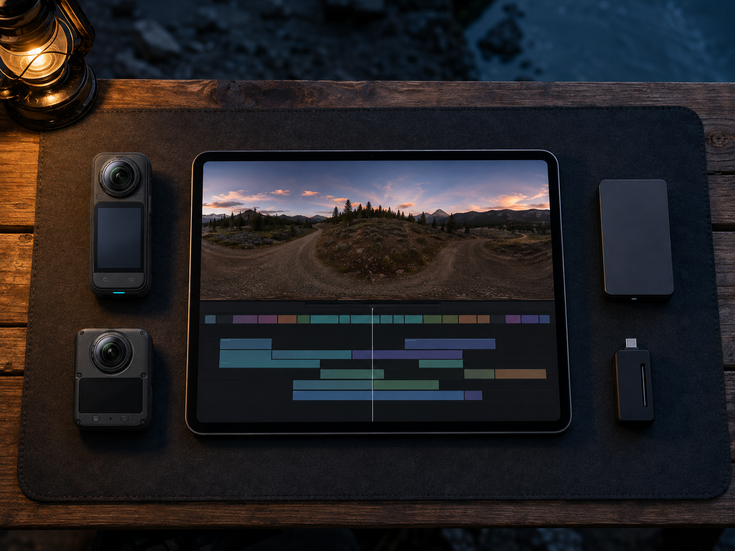 Mesa de edición con tableta y computador abiertos correctamente junto a dos cámaras 360, sin manos ni texto