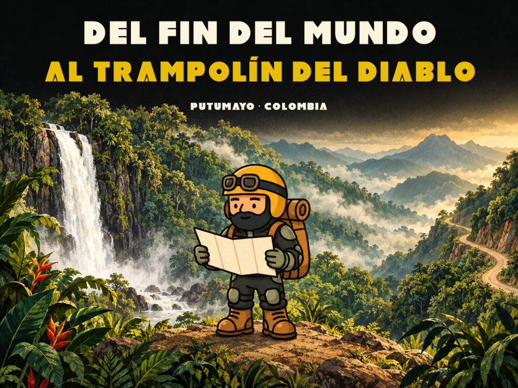 Ilustración editorial de Varnercito entre una cascada selvática y una carretera andina.